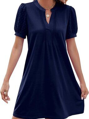 V Neck Puff Short Sleeve A-Line Pleated Swing Navy Mini Dress Sz M